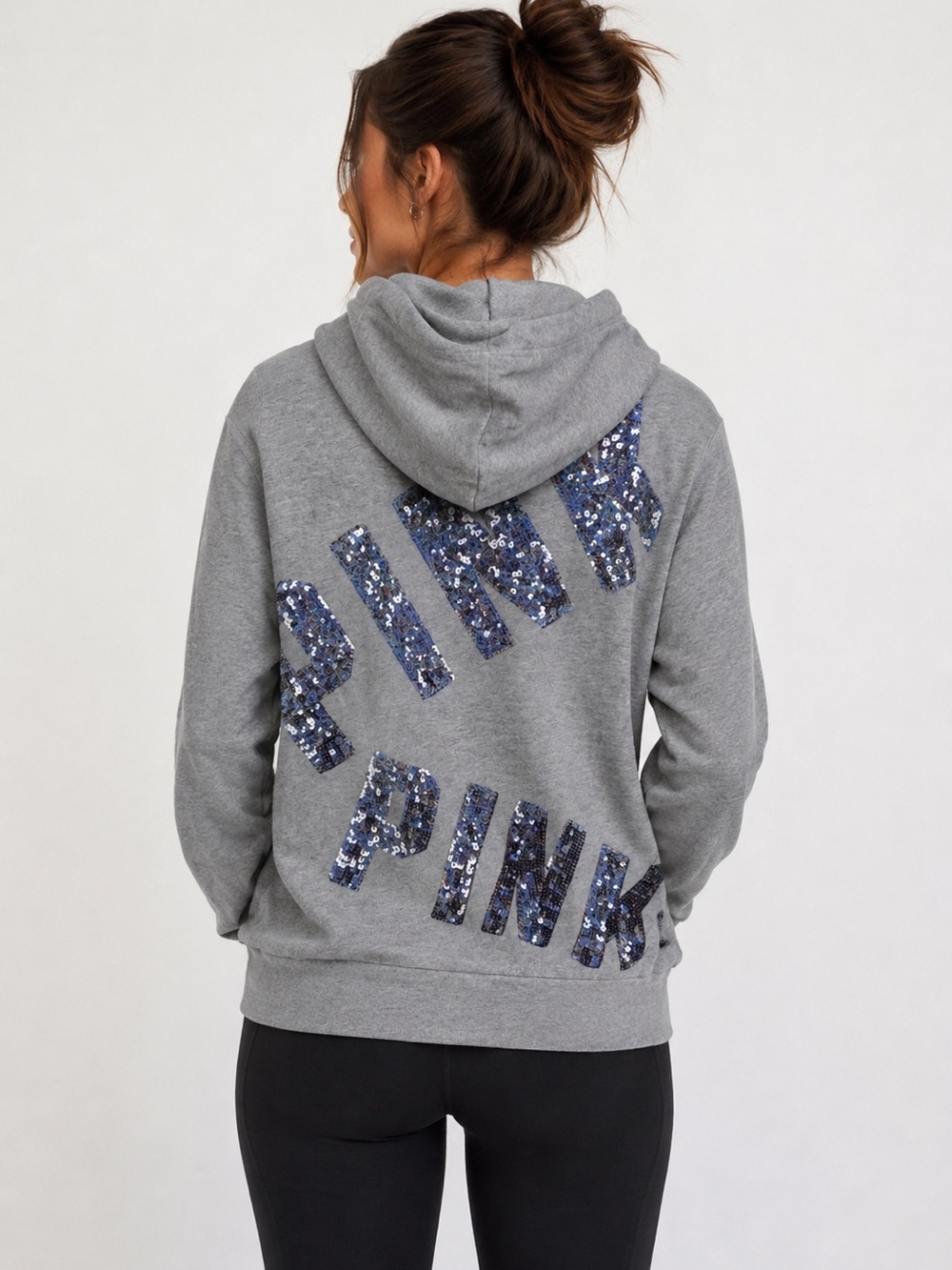 ✨Victoria’s Secret PINK Gray Sequin Full Zip Hoodie Blue Bling Logo Size Small
